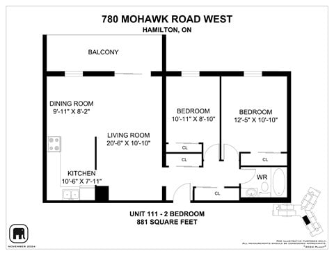 Floor plan for 2 beds, 1 bath, 858 sqft